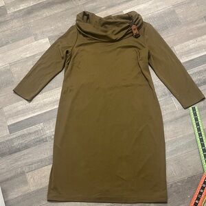 Muse Khaki Green Cowl Neck Zipper back Dress Size 14 Buckle Accent on neck